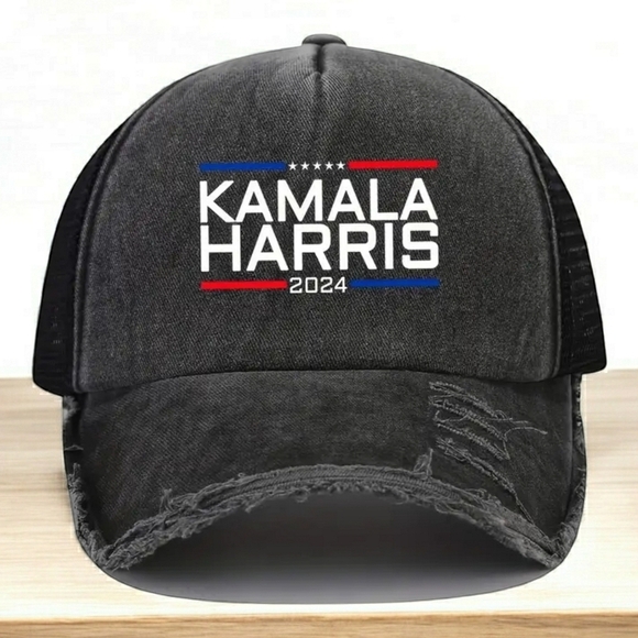 Kamala Harris Hat Black Frayed 47 Campaign Trucker Cap Red White Blue Mesh New - Picture 1 of 8